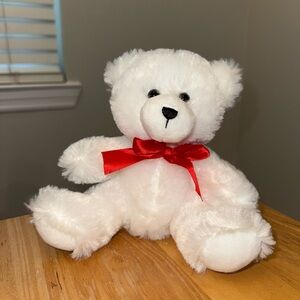 Fluffy White Plush Bear with Red Ribbon